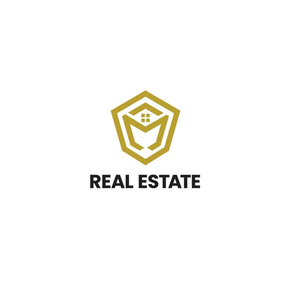 goud brief m echt landgoed logo. bouw architectuur gebouw logo ontwerp sjabloon vector