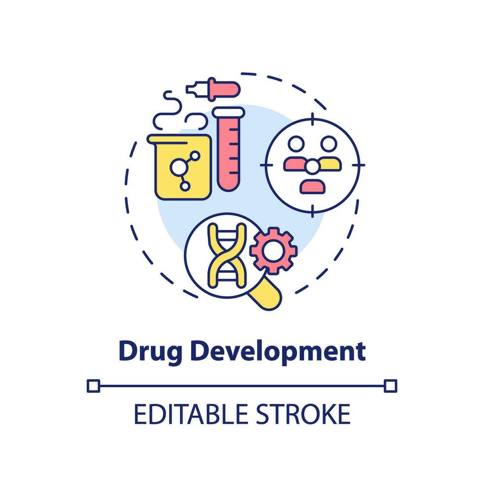 drug ontwikkeling concept icoon. identificeren biomarkers geassocieerd met apotheek antwoorden. toepassing van precisie geneeskunde abstract idee dun lijn illustratie. geïsoleerd schets tekening. bewerkbare beroerte vector