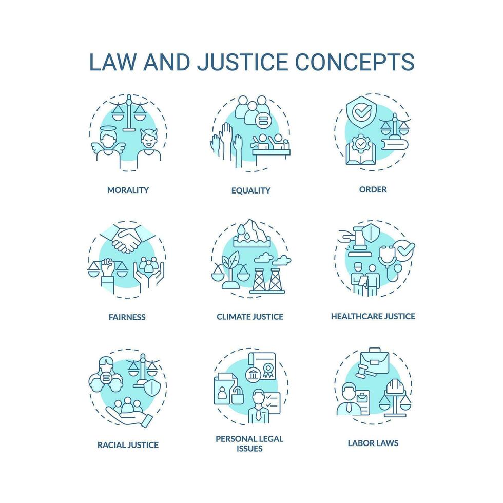 wet en gerechtigheid blauw concept pictogrammen set. eigen vermogen en eerlijkheid. menselijk rechten bescherming idee dun lijn kleur illustraties. geïsoleerd symbolen. bewerkbare beroerte vector