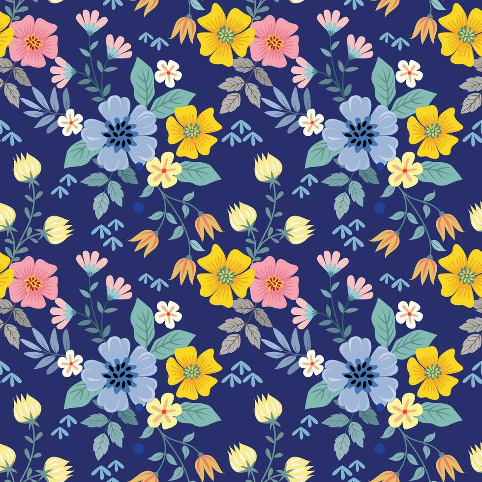 mooi bloeiend bloemen Aan blauw kleur achtergrond naadloos patroon. vector