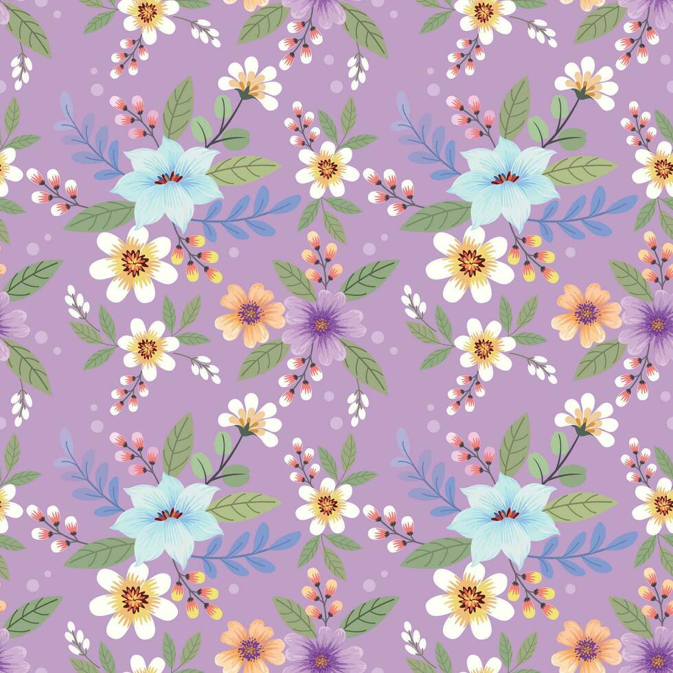 mooi bloeiend bloemen Aan Purper kleur achtergrond naadloos patroon. vector