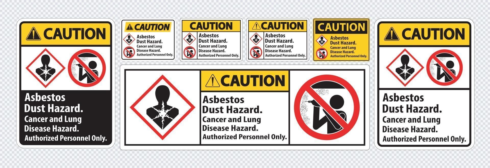 Let op veiligheidslabel, asbeststof gevaar, kanker en longziekte gevaar alleen geautoriseerd personeel vector