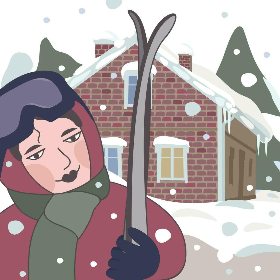 meisje met skis in voorkant van winter landschap. vector illustratie