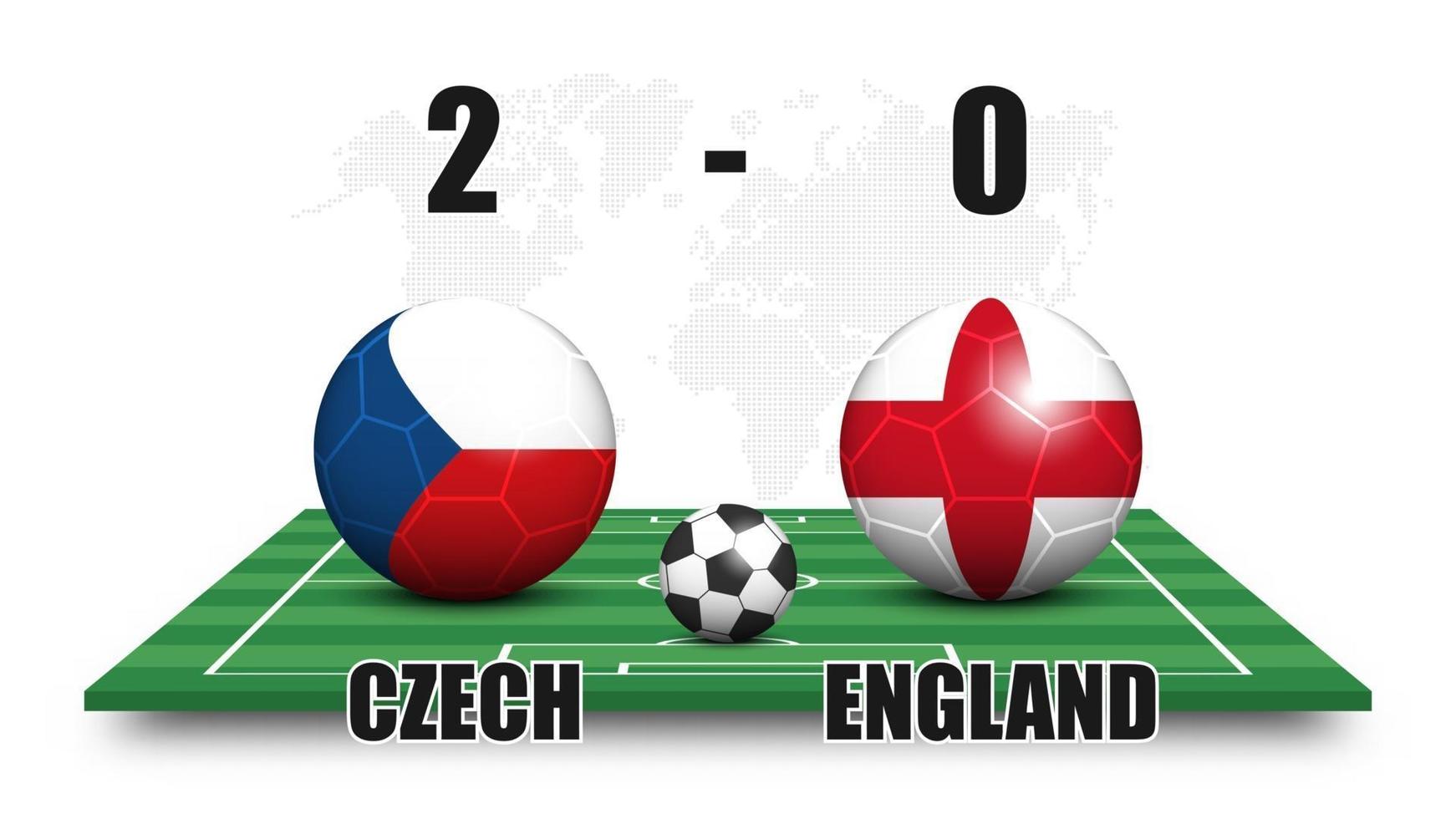 Tsjechisch vs Engeland. voetbal met nationale vlag patroon op perspectief voetbalveld. gestippelde wereldkaart achtergrond. voetbalwedstrijd resultaat en scorebord. sportbeker toernooi. 3D-vectorontwerp. vector