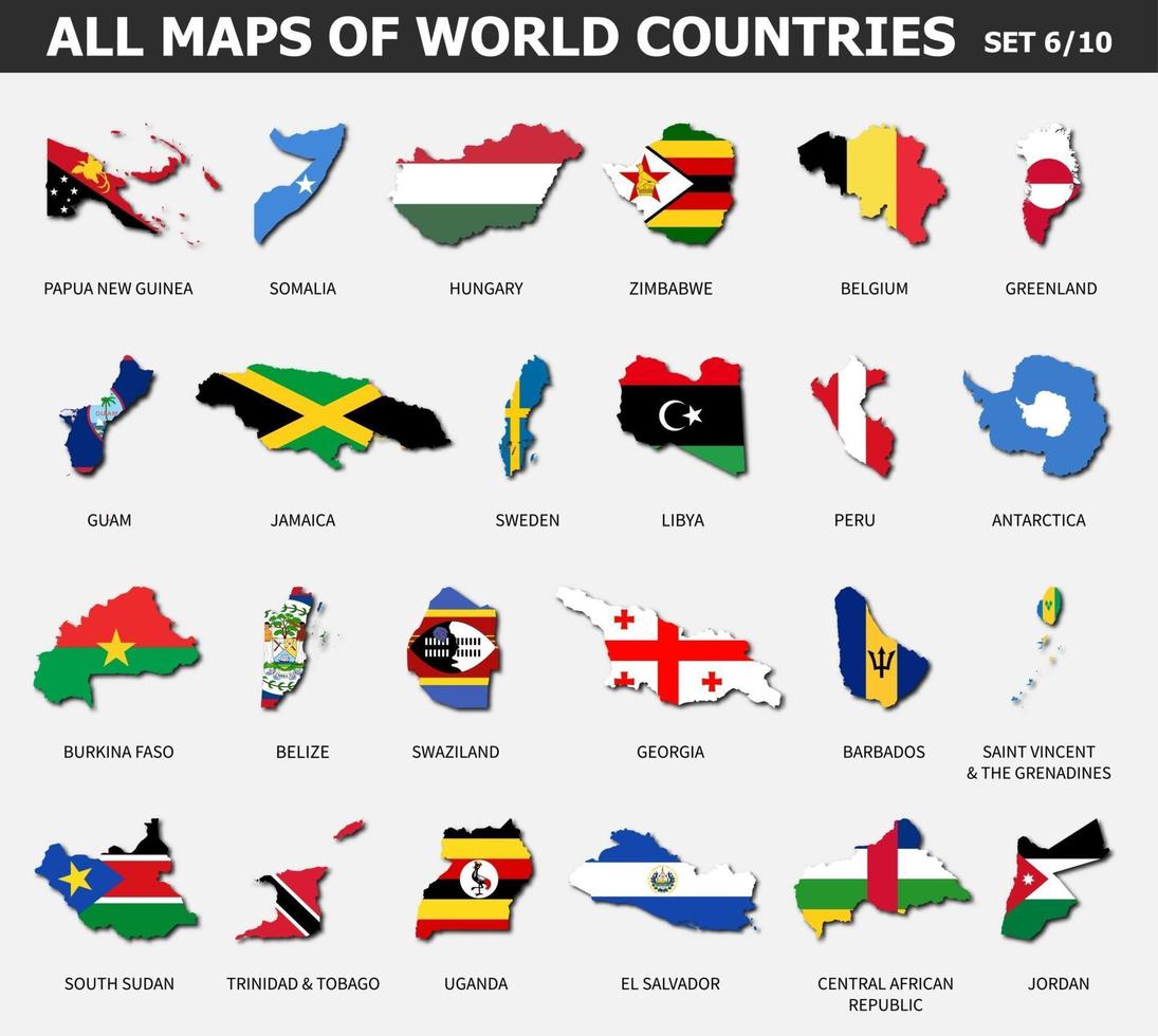 alle kaarten van wereldlanden en vlaggen. set 6 van 10 . collectie van omtrekvorm van internationale landkaart met schaduw. plat ontwerp . vector. vector