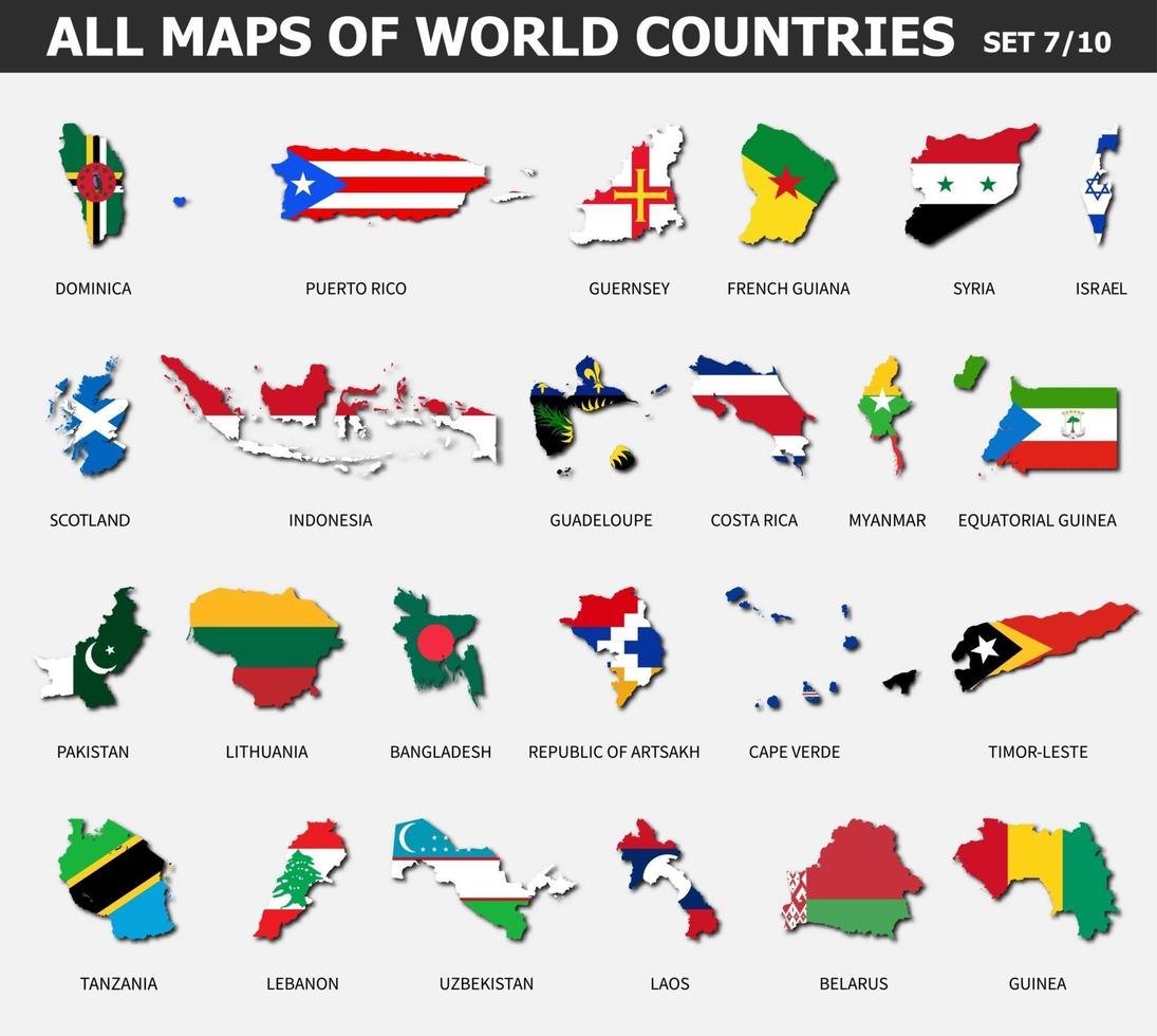 alle kaarten van wereldlanden en vlaggen. set 7 van 10 . collectie van omtrekvorm van internationale landkaart met schaduw. plat ontwerp . vector. vector