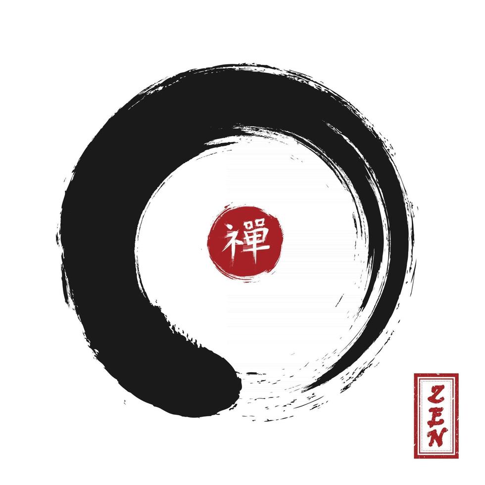 enso zen cirkel stijl. sumi e ontwerp. zwarte kleur . rode ronde stempel en kanji kalligrafie Chinees. Japanse alfabetvertaling die zen betekent. witte geïsoleerde achtergrond. vectorillustratie. vector