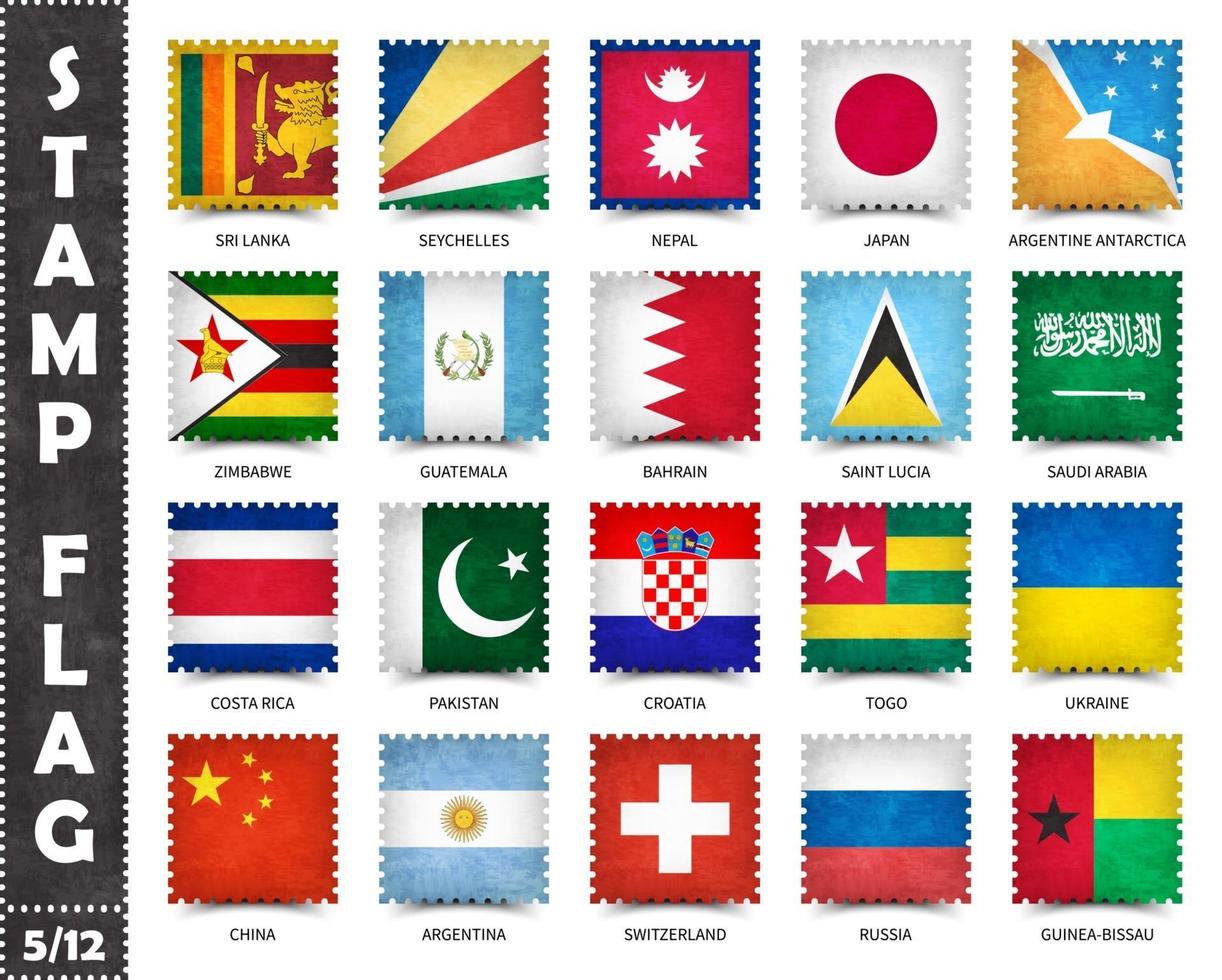 stempel met officieel landvlagpatroon en oude grungetextuur en landennaam. vierkant . vector. set 5 van 12 op deze serie. alle nationale vlaggen van de wereld. vector
