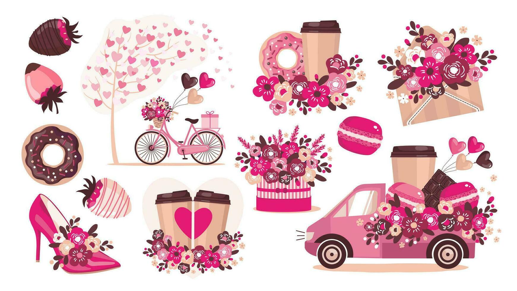 een romantisch reeks met bloemen, een donut, koffie, een fiets en een auto. vector clip art.