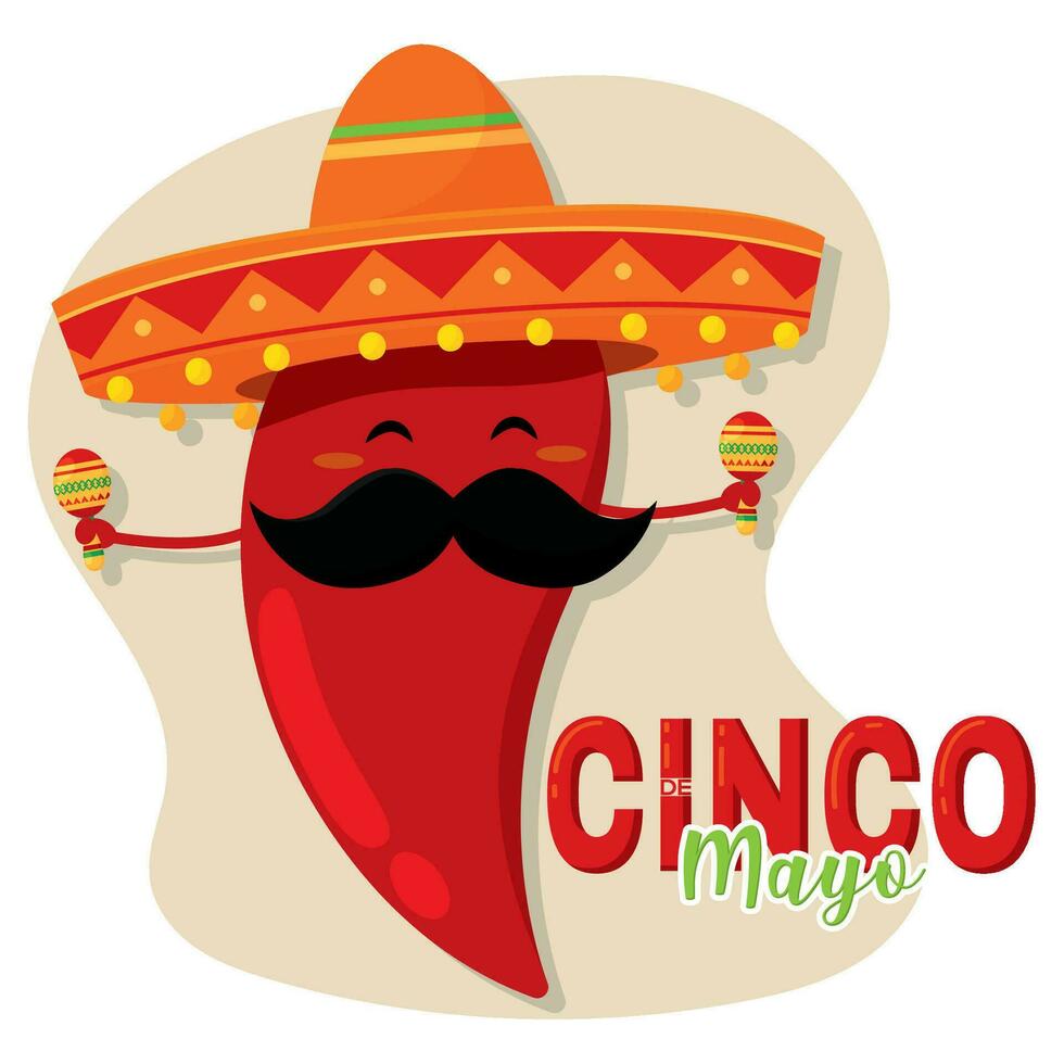 schattig peper karakter met Mexicaans hoed en maracas cinco de mayo vector