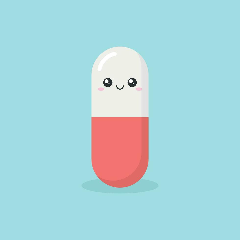 schattig karakter pillen icoon in vlak stijl. gelukkig tablet vector illustratie Aan geïsoleerd achtergrond. medisch drug teken bedrijf concept.