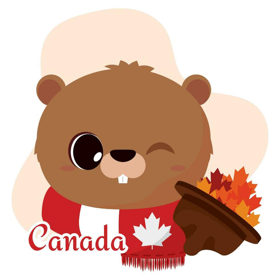 schattig bever avatar met Canadees sjaal en Woud boswachter hoed vector