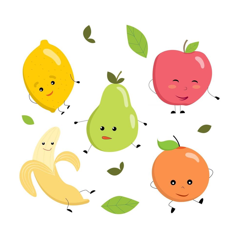 schattig fruit icon set, met gezichten, armen en benen - citroen, appel, peer, banaan, sinaasappel. kawaii-ontwerp. vectorillustratie in cartoon-stijl. vector