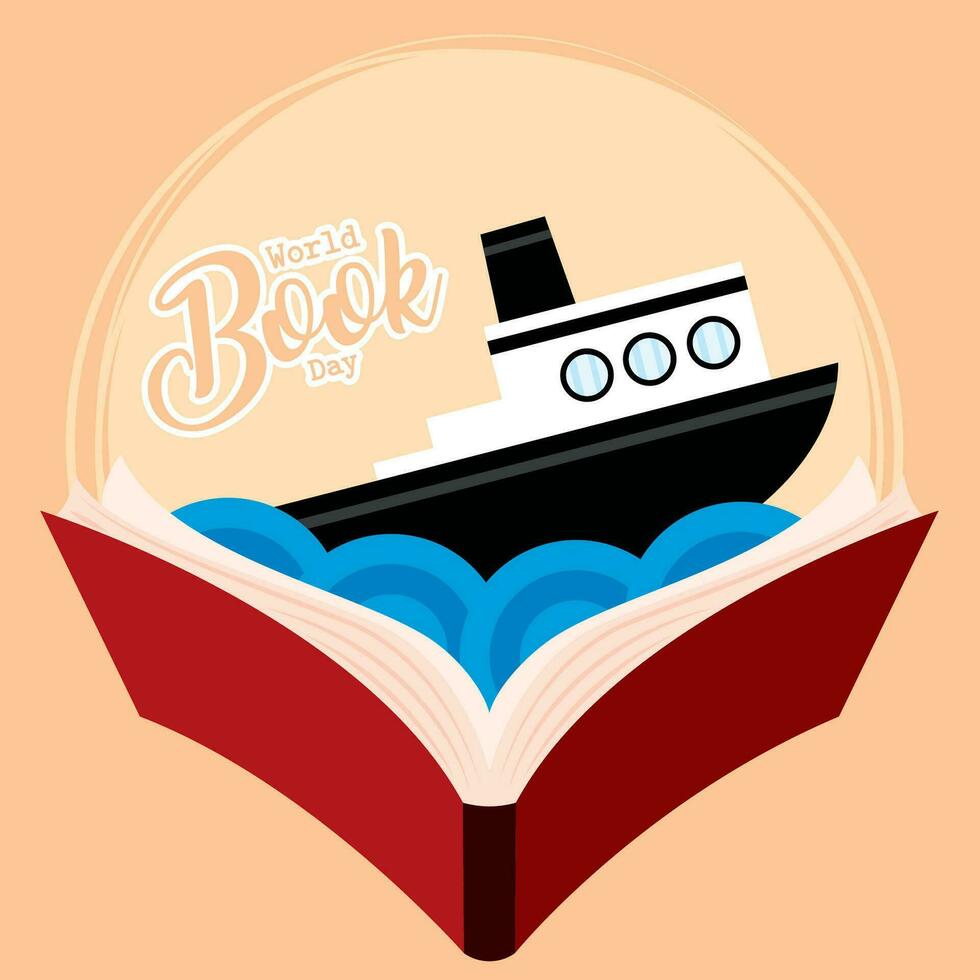 schip Aan de golven wereld boek dag poster vector