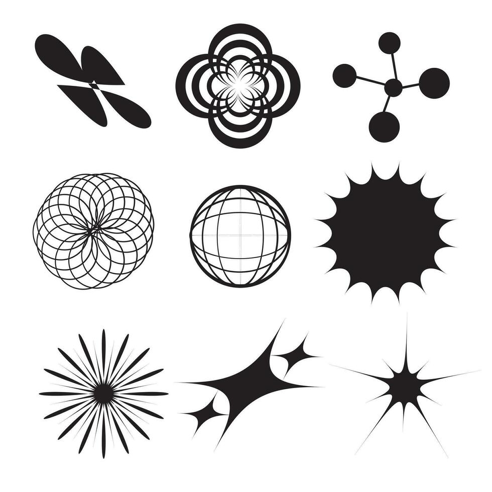 retro futuristische elementen voor ontwerp. groot verzameling van abstract grafisch meetkundig symbolen en voorwerpen in y2k stijl. Sjablonen voor notities, affiches, spandoeken, stickers, bedrijf kaarten, logo. vector