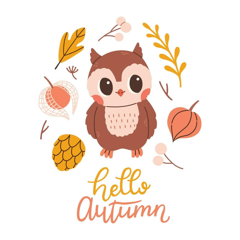 Hallo herfst ansichtkaart met uil. bos- kaart met bladeren en schattig Woud dier Aan wit achtergrond. vector illustratie