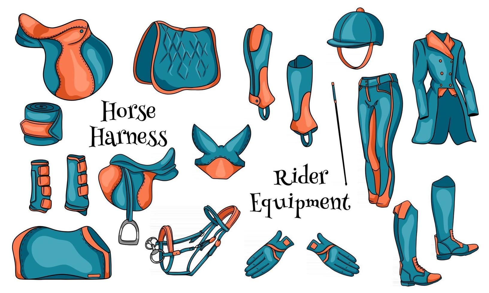 grote set uitrusting voor de ruiter en munitie voor de paardenillustratie in cartoon vector