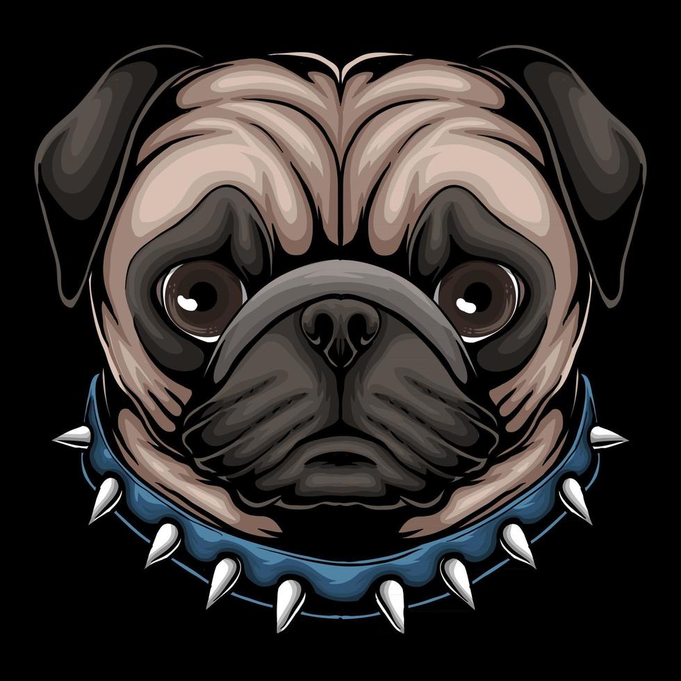 pug dog hoofd een dragende kraag vectorillustratie vector