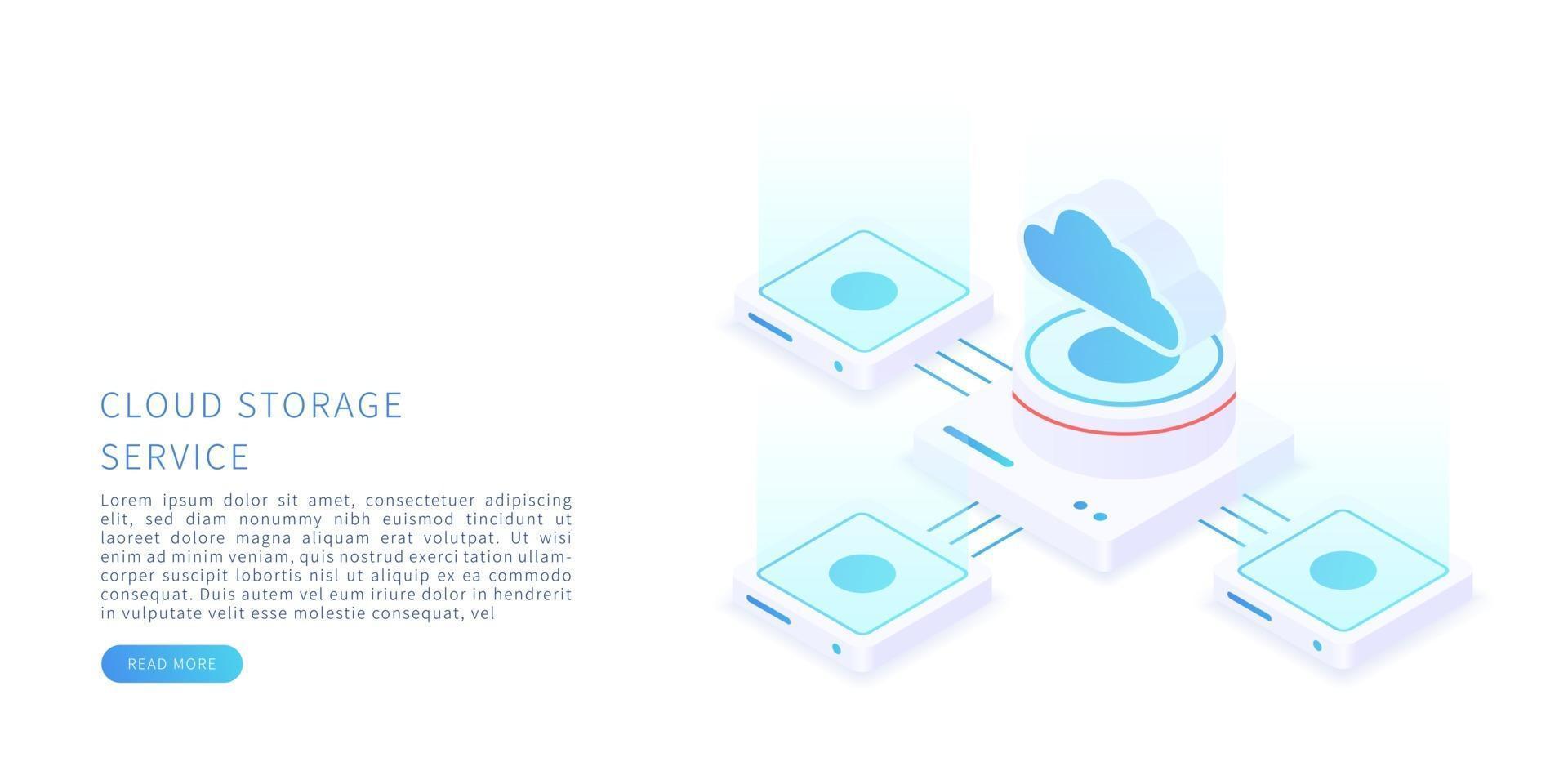 cloudopslagconcept in isometrische vectorillustratie. digitale dienst of app met gegevensoverdracht. digitale server, database en cloud computing-service. vectorillustratie. vector