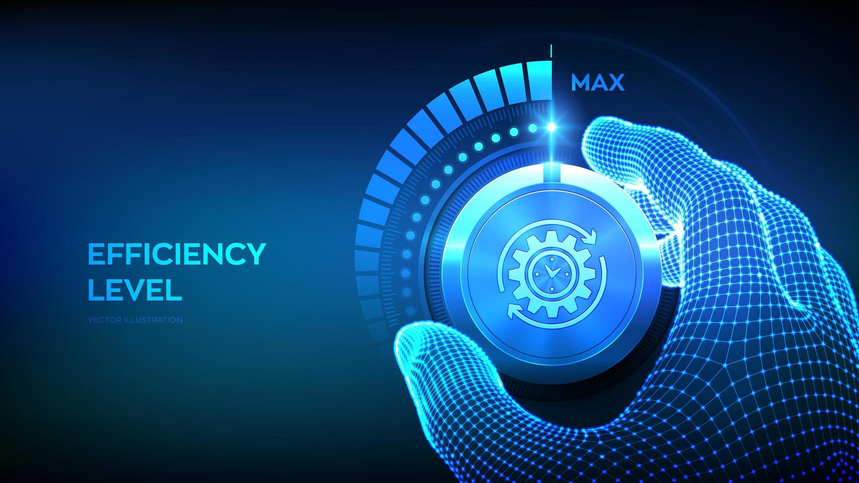 efficiëntie niveaus knop knop. stijgende kredietscore. wireframe-hand die een efficiëntietestknop naar de maximale positie draait. ontwikkeling en groei bedrijfsconcept. vector