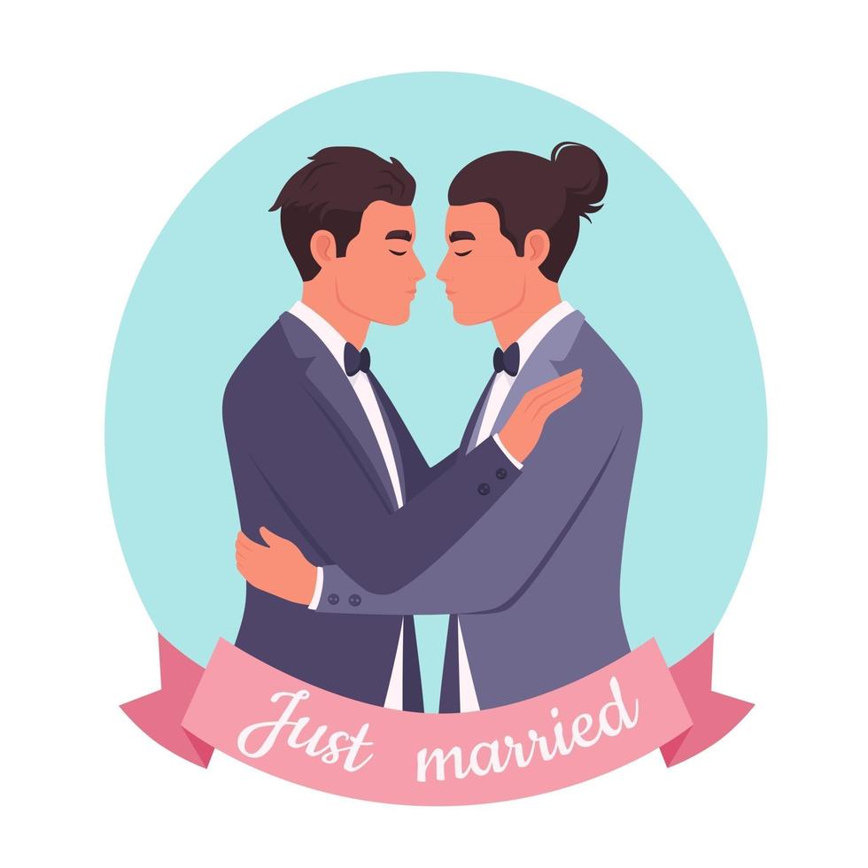 homopaar gaat trouwen. lhbt-huwelijk. twee mannen knuffelen. vector