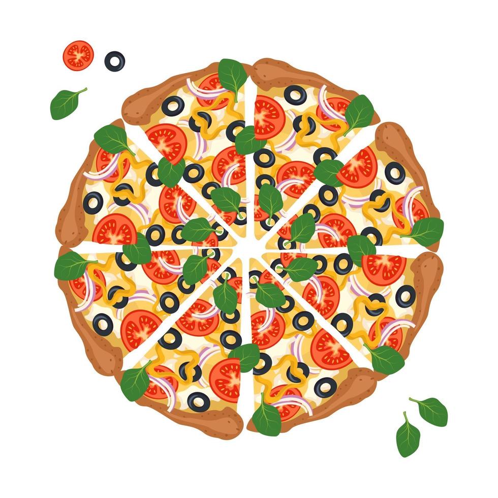 ronde pizza in plakjes gesneden met kaas, tomaten, olijven en basilicum. helder, heerlijk Italiaans eten met deeg en groenten. vector