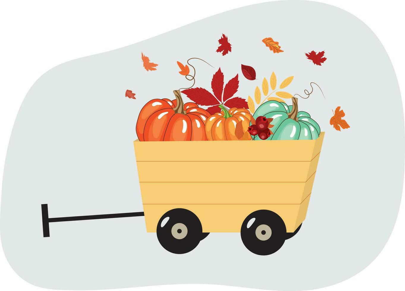 herfst ansichtkaart. aanhangwagen met pompoen oogst. hoog kwaliteit vector illustratie.