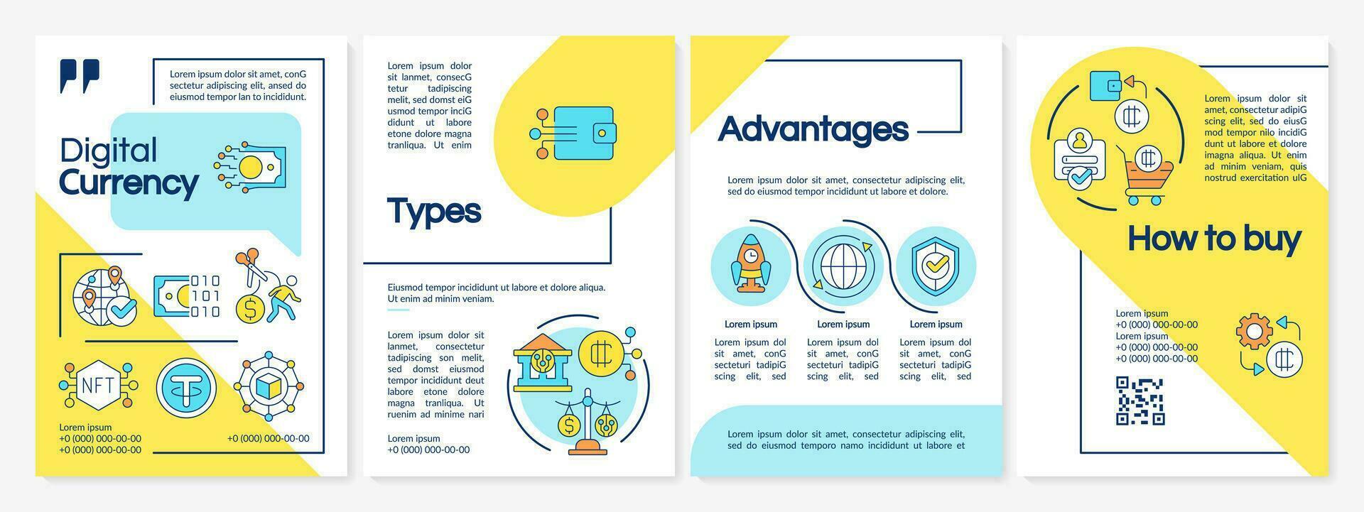 digitaal valuta veelkleurig brochure sjabloon, brochure ontwerp met dun lineair pictogrammen, 4 vector lay-outs.