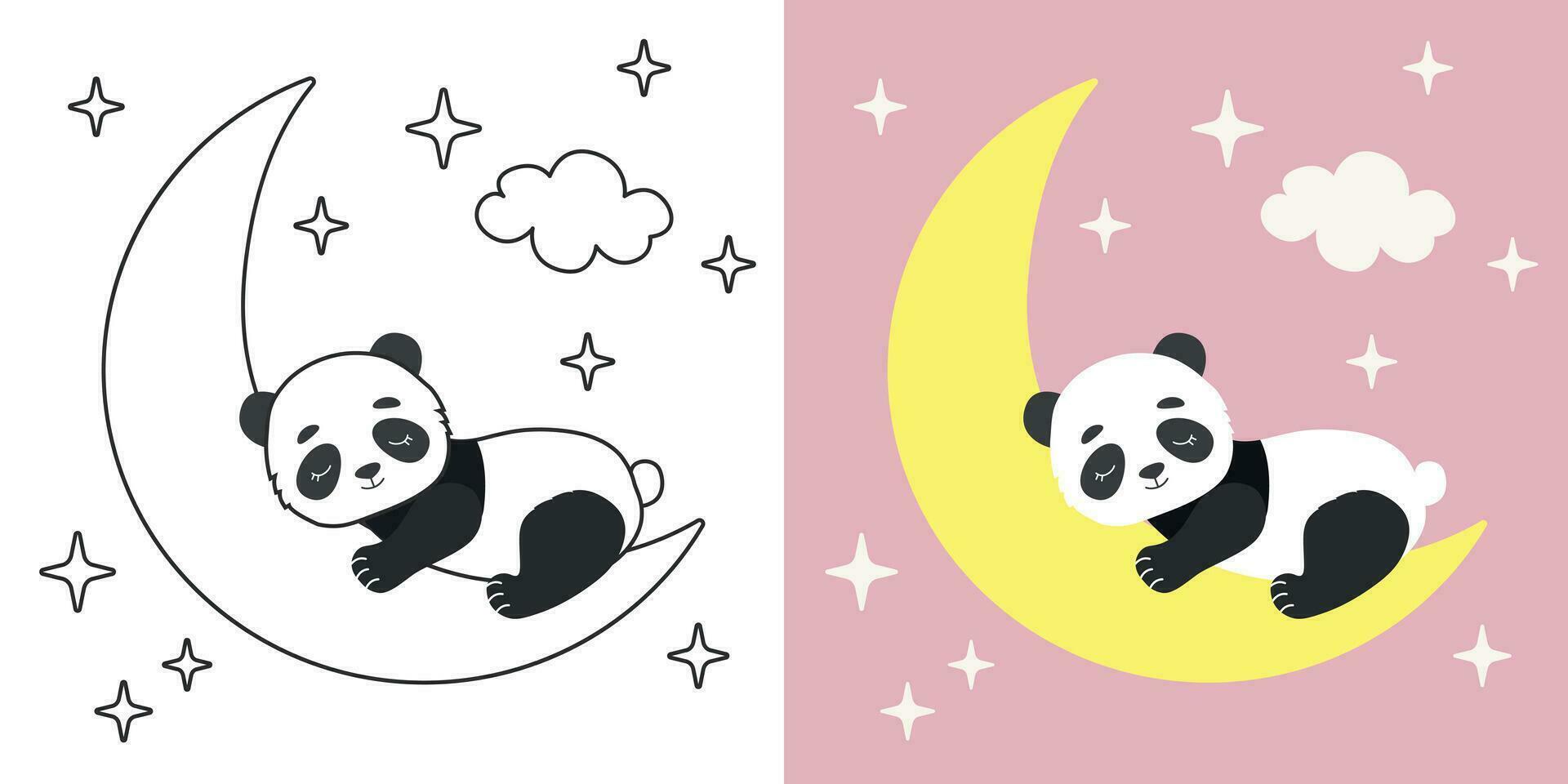 slapen schattig panda kinderachtig poster en kleur bladzijde. grappig tekenfilm dier karakter ontwerp. vector illustratie voor kinderkamer kamer, kleur boek, groet kaarten, uitnodigingen
