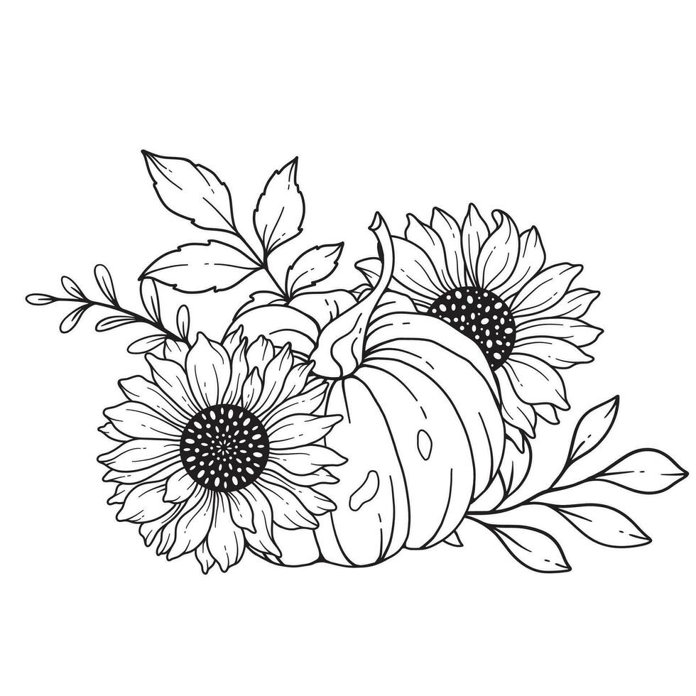 pompoenen met zonnebloemen lijn kunst illustratie, schets pompoen arrangement hand- getrokken illustratie. kleur bladzijde met pompoenen. dankzegging pompoenen reeks vector