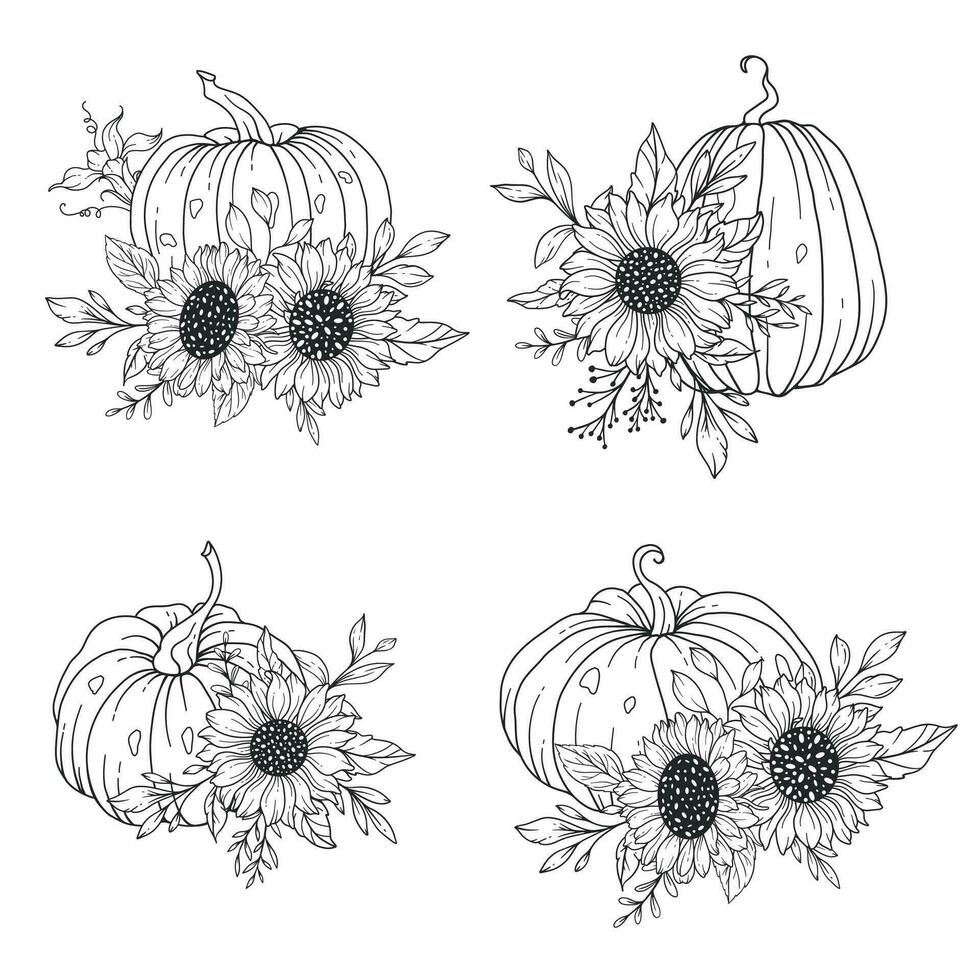 pompoenen met zonnebloemen lijn kunst illustratie, schets pompoen arrangement hand- getrokken illustratie. kleur bladzijde met pompoenen. dankzegging pompoenen reeks vector
