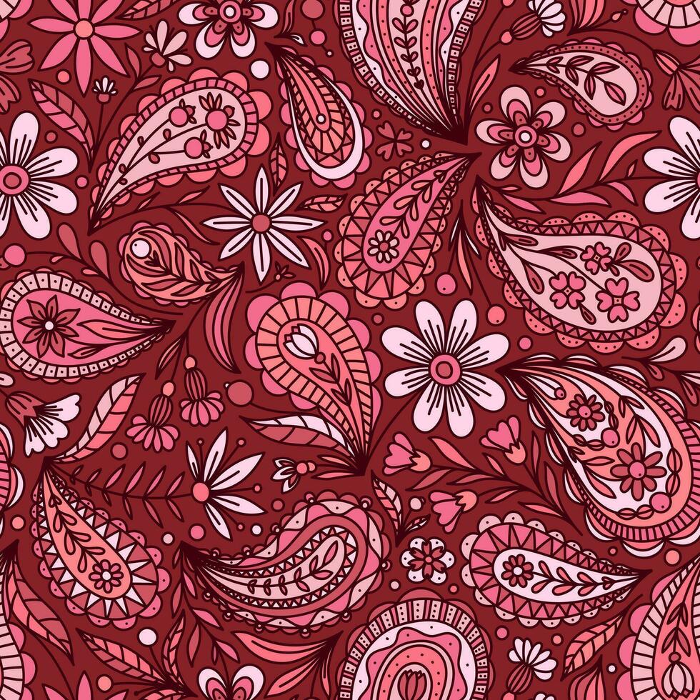 rood vector naadloos achtergrond met veelkleurig bloemen paisley ornament