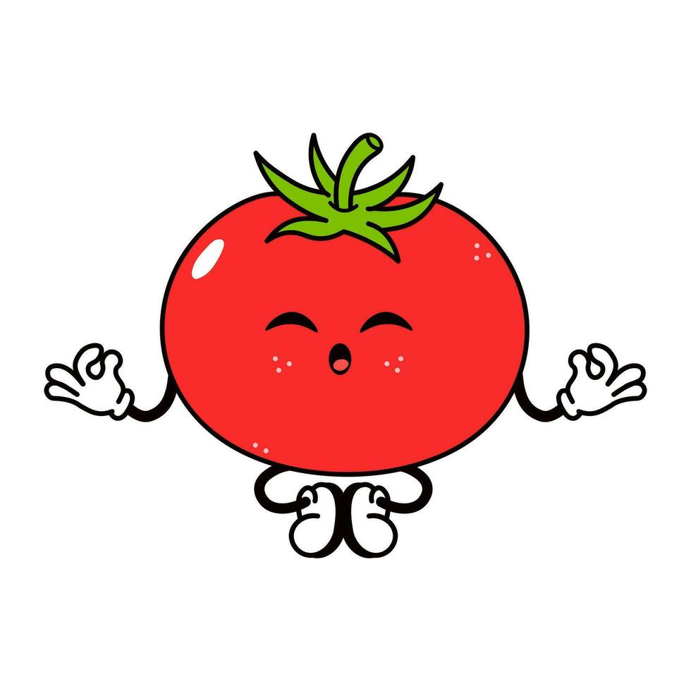 tomaat aan het doen yoga karakter. vector hand- getrokken traditioneel tekenfilm vintage, retro, kawaii karakter illustratie icoon. geïsoleerd Aan wit achtergrond. tomaat kom tot rust karakter
