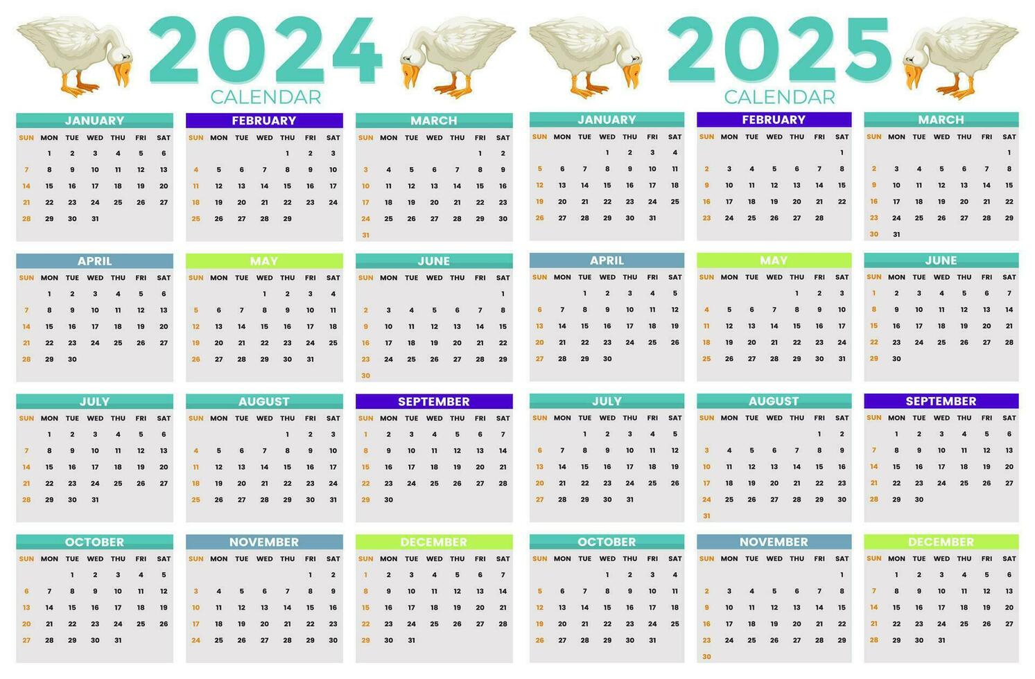 2024, 2025 kalender ontwerp sjabloon voor gelukkig nieuw jaar vector