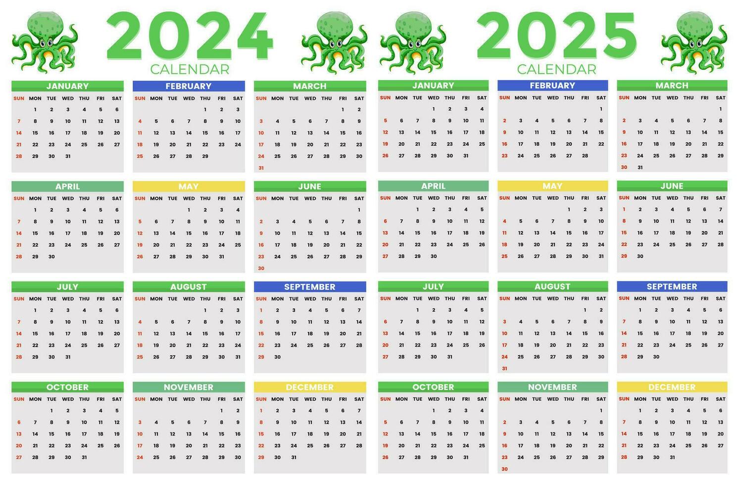 2024, 2025 kalender ontwerp sjabloon voor gelukkig nieuw jaar vector