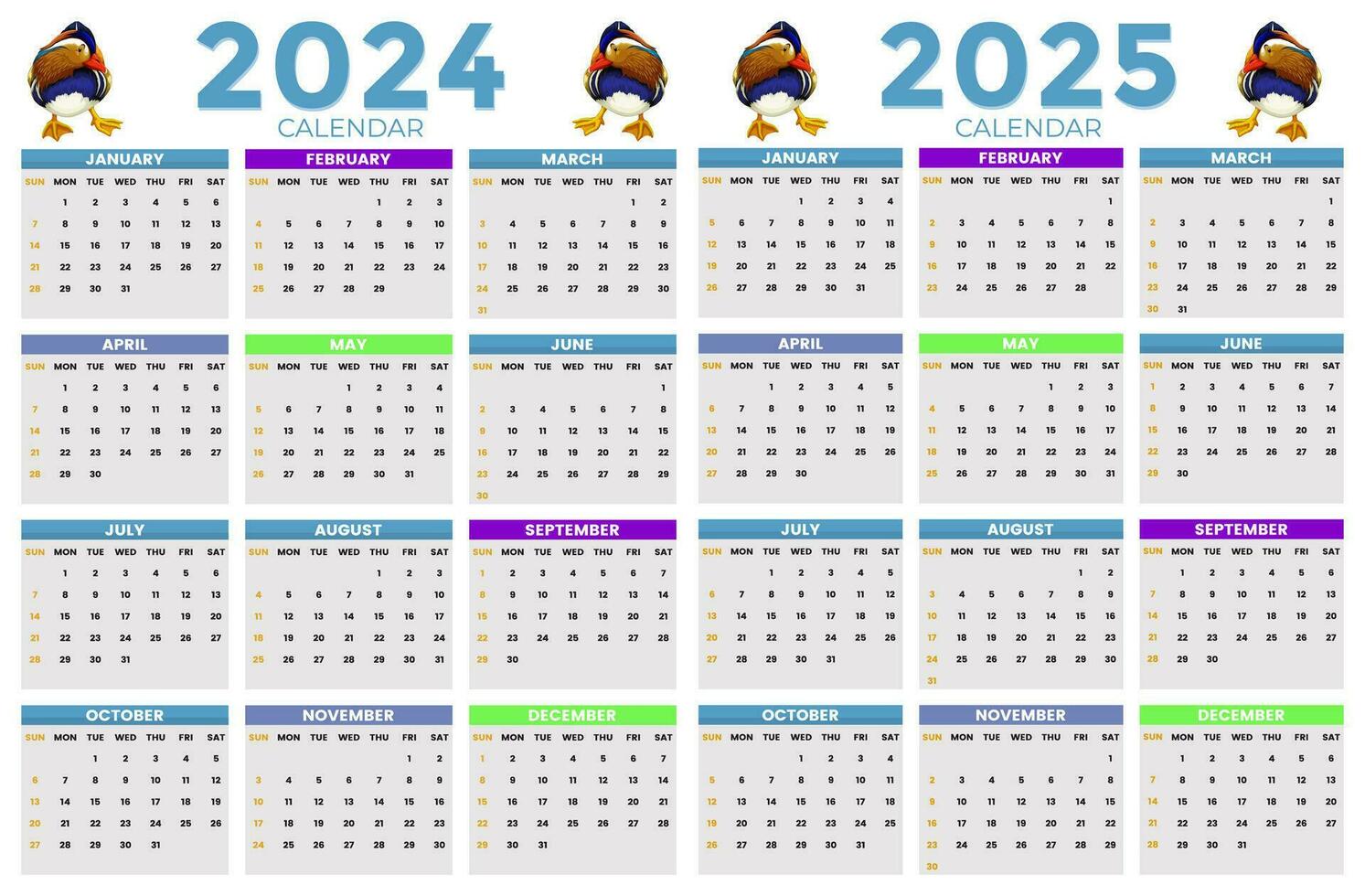 2024, 2025 kalender ontwerp sjabloon voor gelukkig nieuw jaar vector