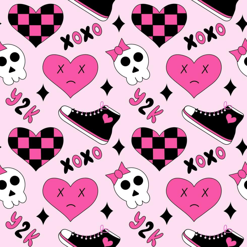 naadloos patroon met emo elementen. y2k stijl. harten in schaakbord, xoxo, sportschoenen, schedel. zwart en roze. vector vlak illustratie.-1