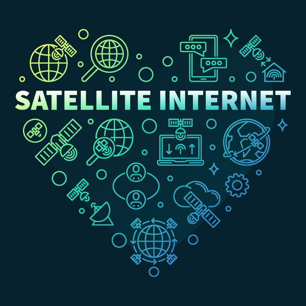 satelliet internet hart vector concept lijn gekleurde spandoek. technologie illustratie