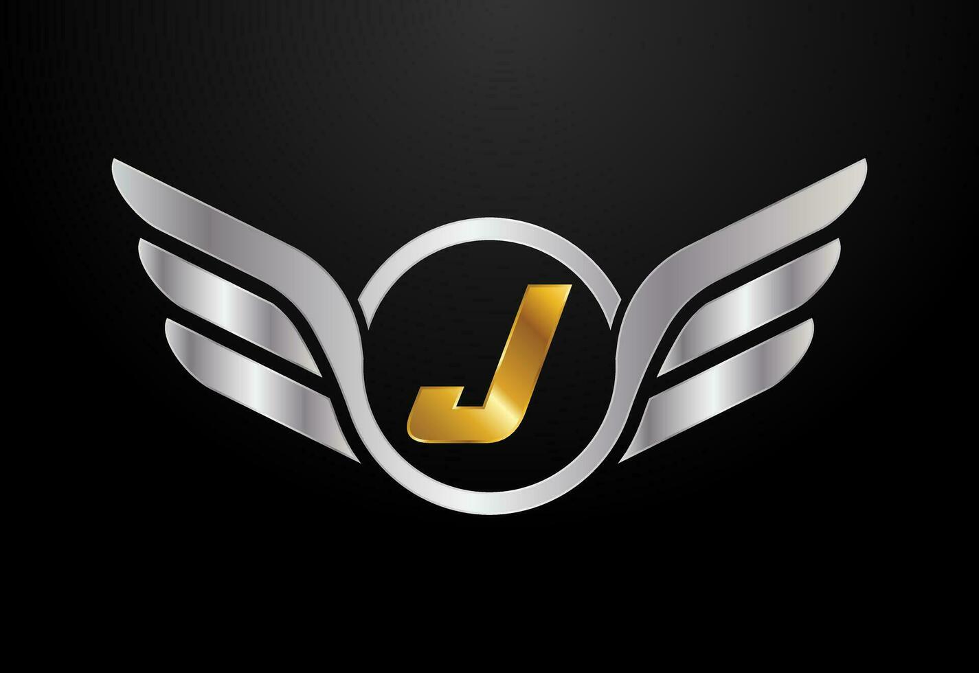 Engels alfabet j met Vleugels logo ontwerp. auto en automotive vector logo concept