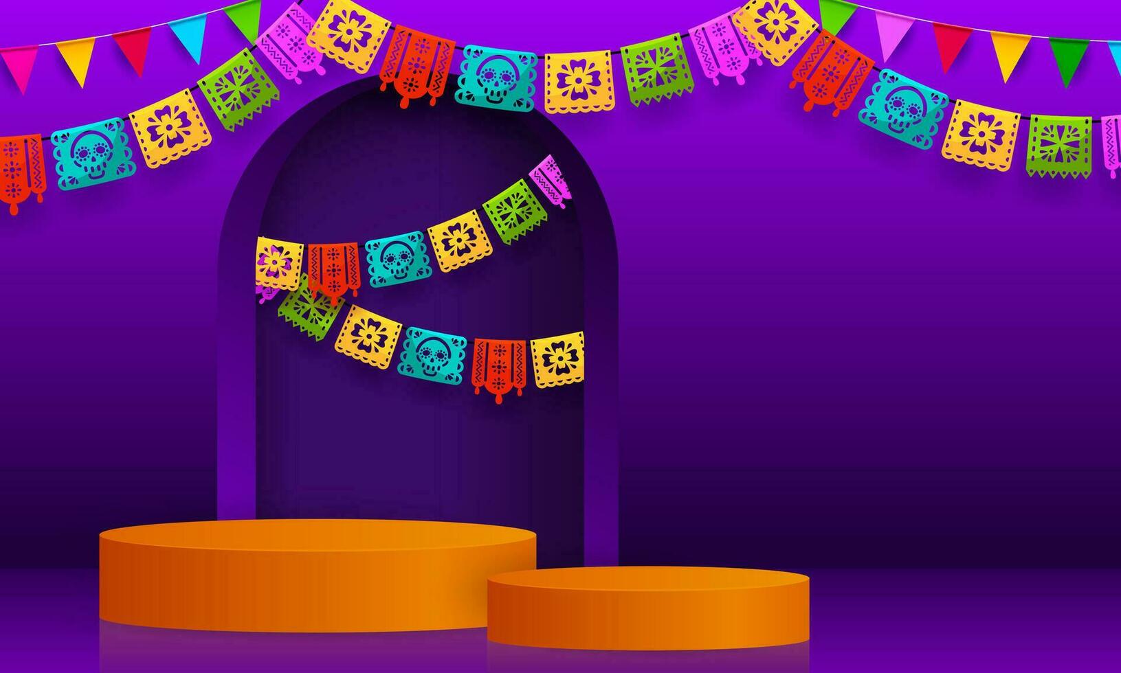 Mexicaans podium, papel picado vlaggen met schedels vector