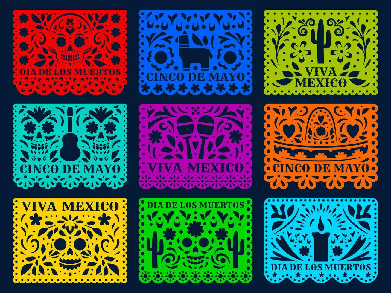 Mexicaans papier besnoeiing vakantie vlaggen, papel picado vector
