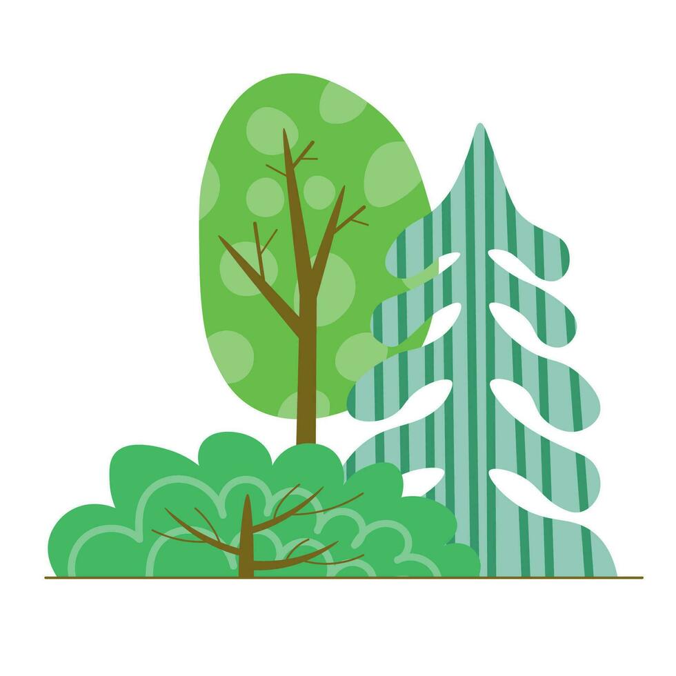 hand- getrokken Woud bomen verzameling geïsoleerd Aan wit achtergrond. opslaan de planeet, bio landbouw, ecologie. bos- planten, struik, dennenboom, groen natuur, botanisch tuin, vector vlak illustratie