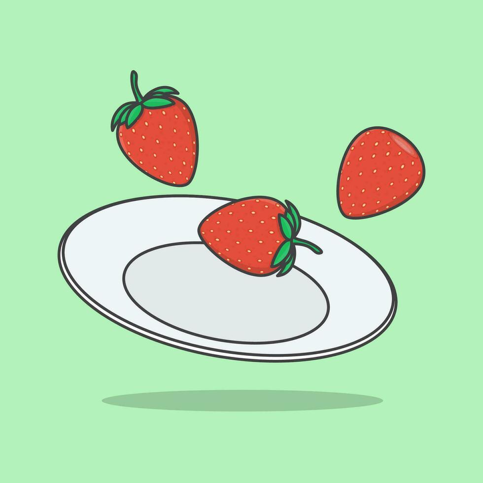 aardbei fruit Aan een bord tekenfilm vector illustratie. aardbei fruit vlak icoon schets