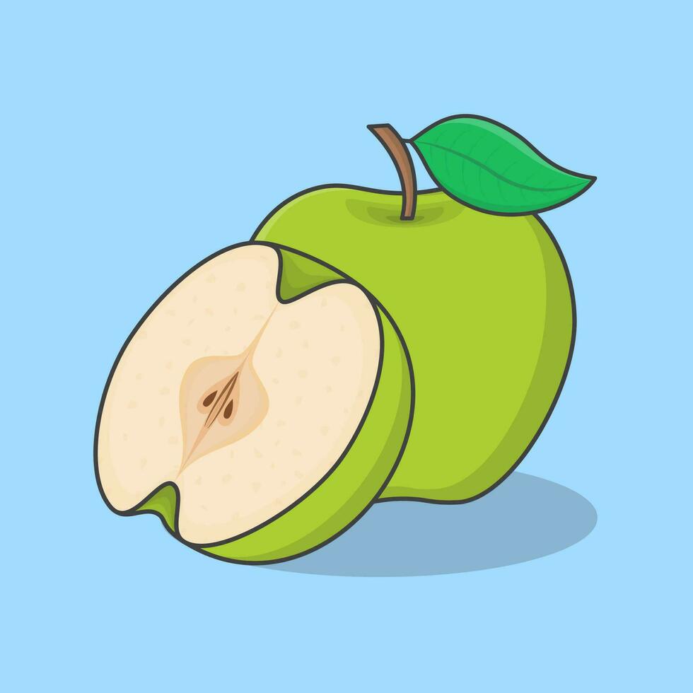 plak en geheel van groen appel tekenfilm vector illustratie. vers appel fruit vlak icoon schets
