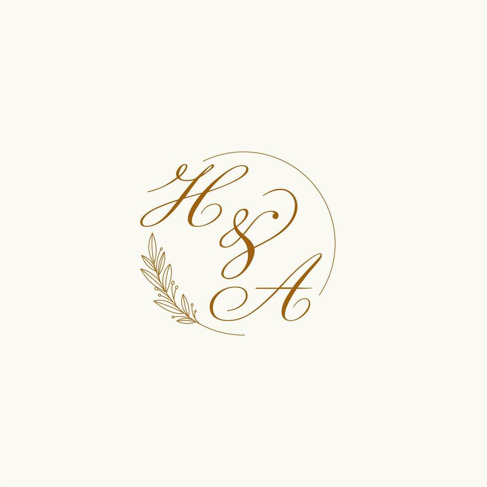initialen ha bruiloft monogram logo met bladeren en elegant circulaire lijnen vector