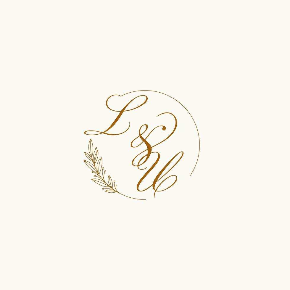 initialen lu bruiloft monogram logo met bladeren en elegant circulaire lijnen vector