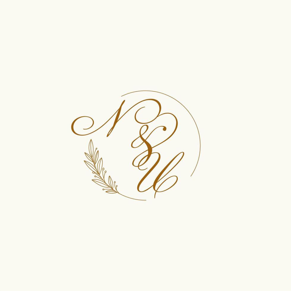 initialen nu bruiloft monogram logo met bladeren en elegant circulaire lijnen vector