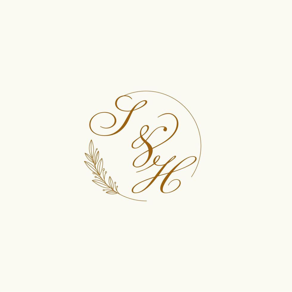 initialen sh bruiloft monogram logo met bladeren en elegant circulaire lijnen vector