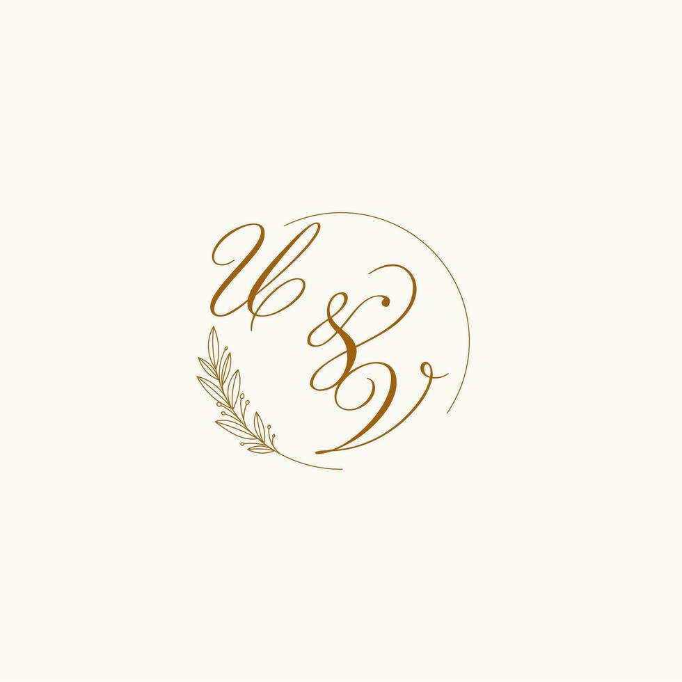 initialen uv bruiloft monogram logo met bladeren en elegant circulaire lijnen vector