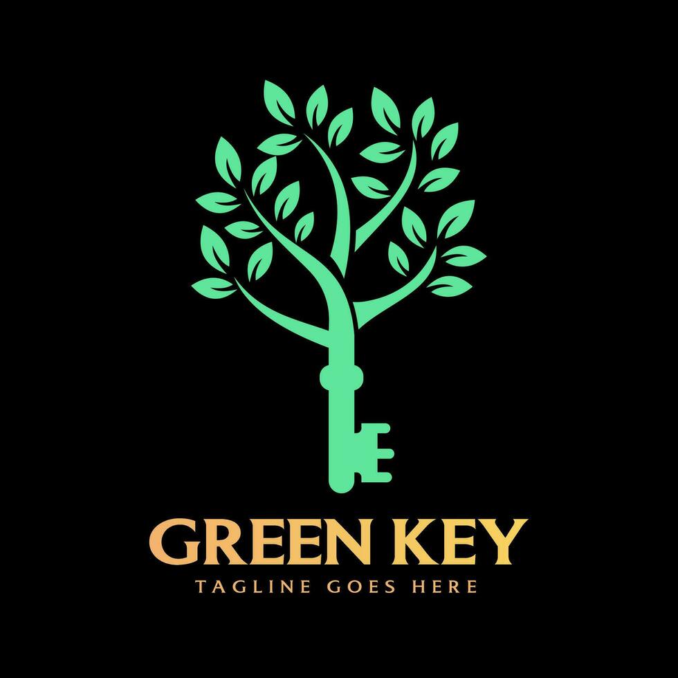 sleutel met retro wijnoogst groen blad boom fabriek logo ontwerp vector Aan donker achtergrond.